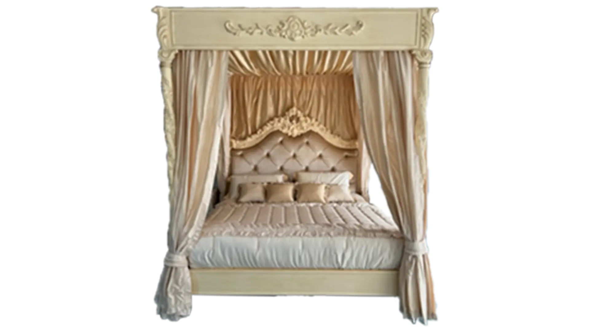 Letto a baldacchino con colonne intornite con testata imbottita capitoné